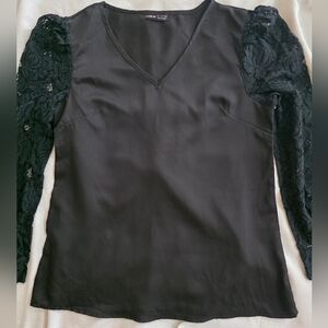 Shein Black long-sleeve Blouse with Lace on Sleeves. V-Neck Size Small Chic Work